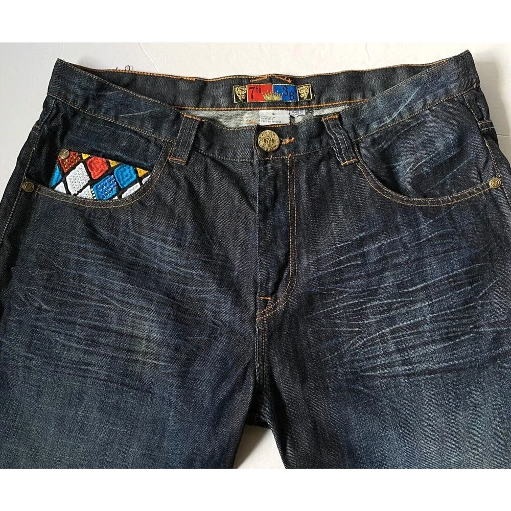 7th 38 Jean Shorts Mens Size 40 Blue Medium Wash Embroidered Gems Flaws Read